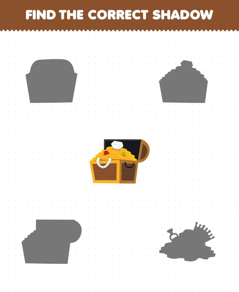 Education game for children find the correct shadow set of cute cartoon treasure chest printable pirate worksheet vector