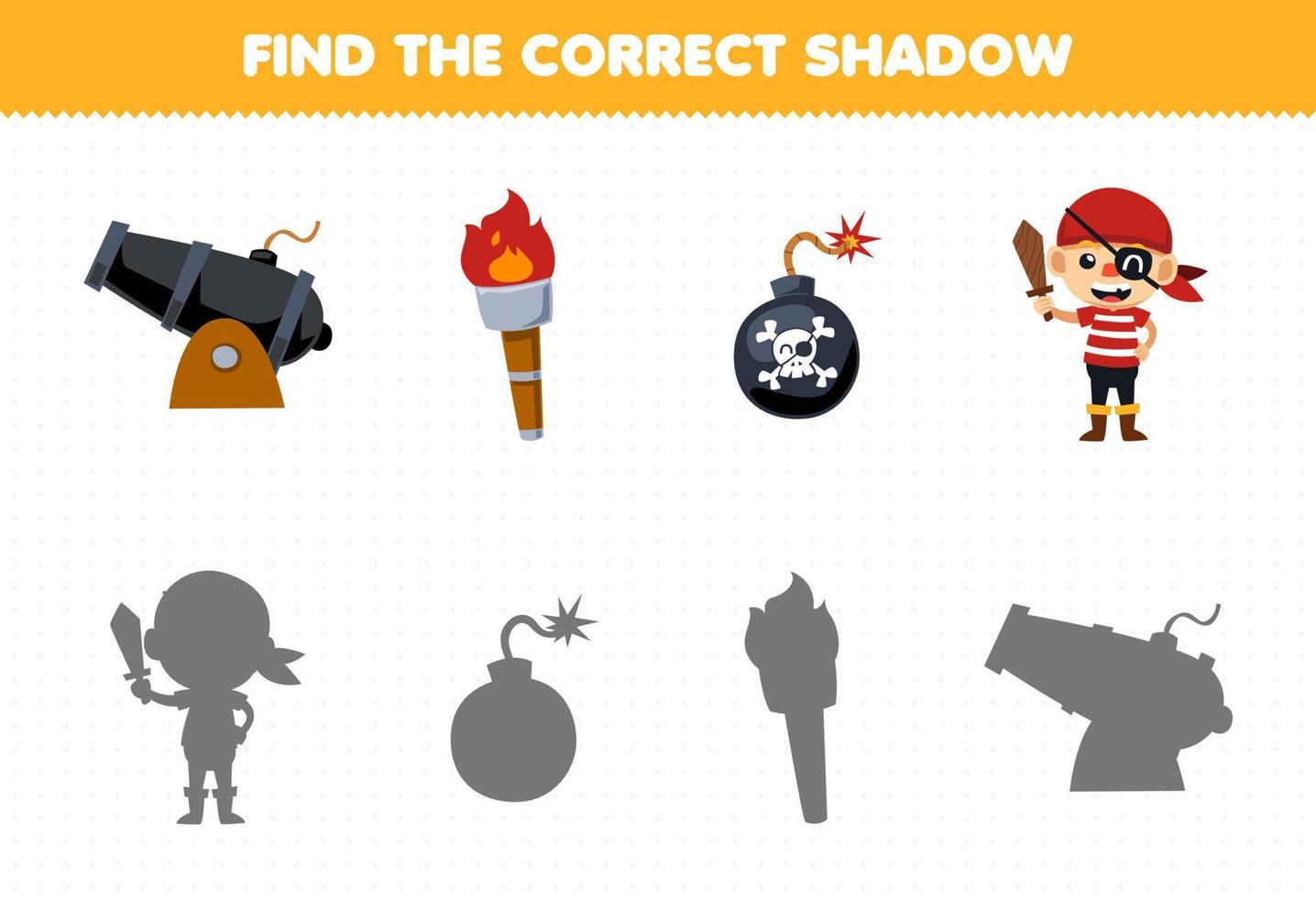 Education game for children find the correct shadow set of cute cartoon cannon torch bomb and boy printable pirate worksheet vector