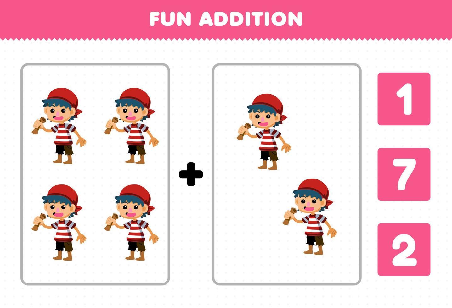 Education game for children fun addition by count and choose the correct answer of cute cartoon boy character printable pirate worksheet vector
