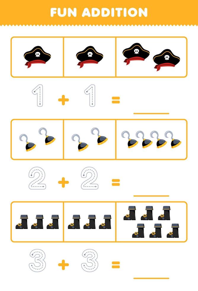 Education game for children fun addition by counting and tracing the number of cute cartoon hat hook and boot printable pirate worksheet vector