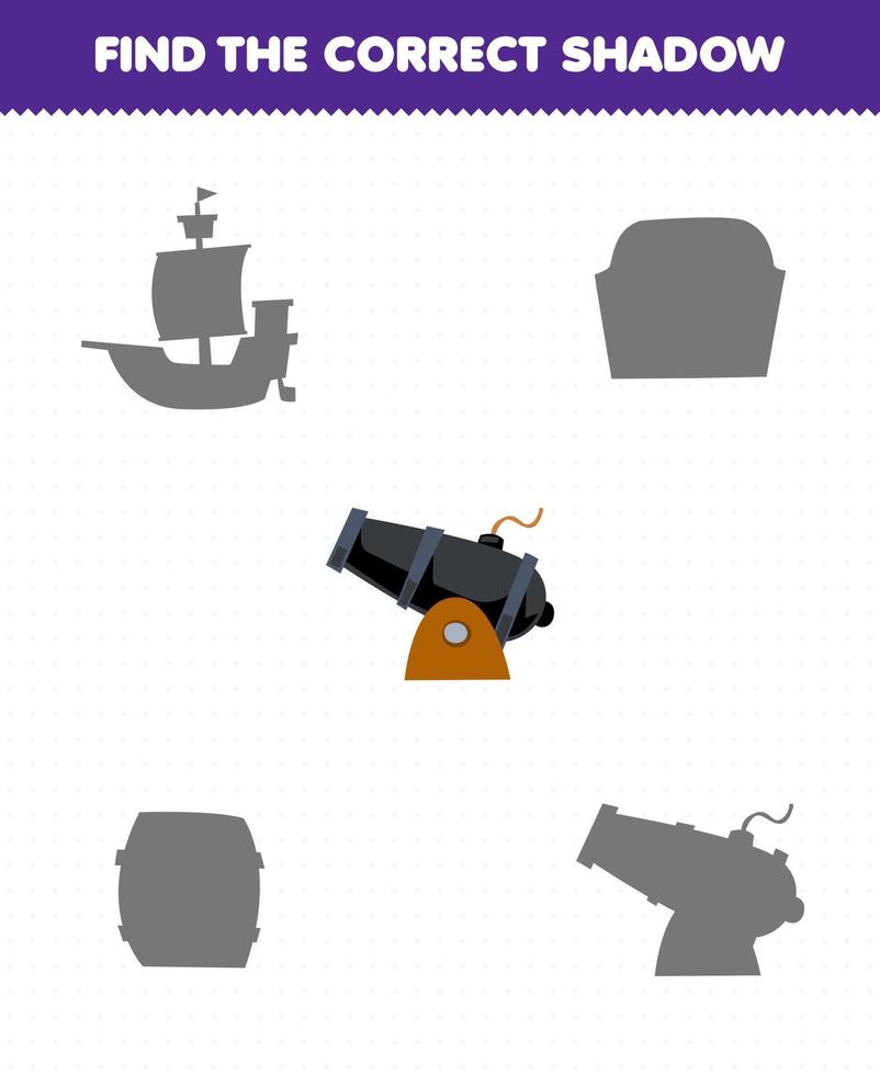 Education game for children find the correct shadow set of cute cartoon cannon printable pirate worksheet vector