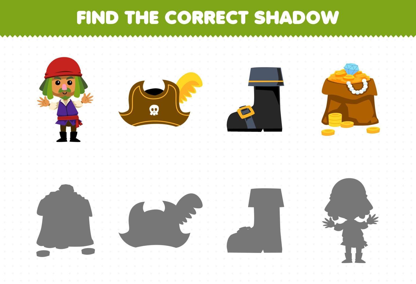 Education game for children find the correct shadow set of cute cartoon man hat boot and treasure printable pirate worksheet vector
