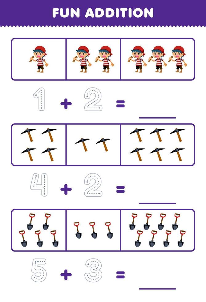 Education game for children fun addition by counting and tracing the number of cute cartoon boy pickaxe and shovel printable pirate worksheet vector