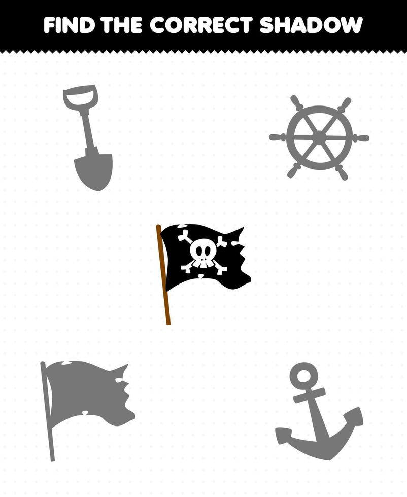 Education game for children find the correct shadow set of cute cartoon flag printable pirate worksheet vector