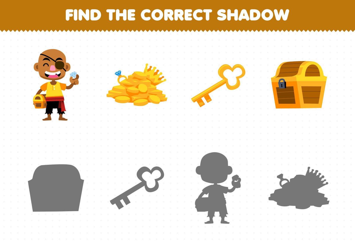 Education game for children find the correct shadow set of cute cartoon bald man treasure key and chest printable pirate worksheet vector