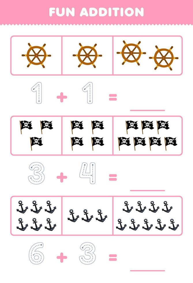 Education game for children fun addition by counting and tracing the number of cute cartoon wheel flag and anchor printable pirate worksheet vector