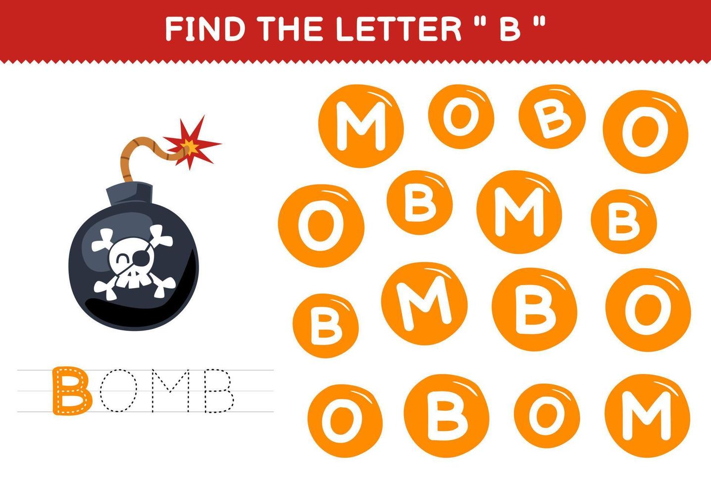 Education game for children find the letter B with cute cartoon bomb printable pirate worksheet vector