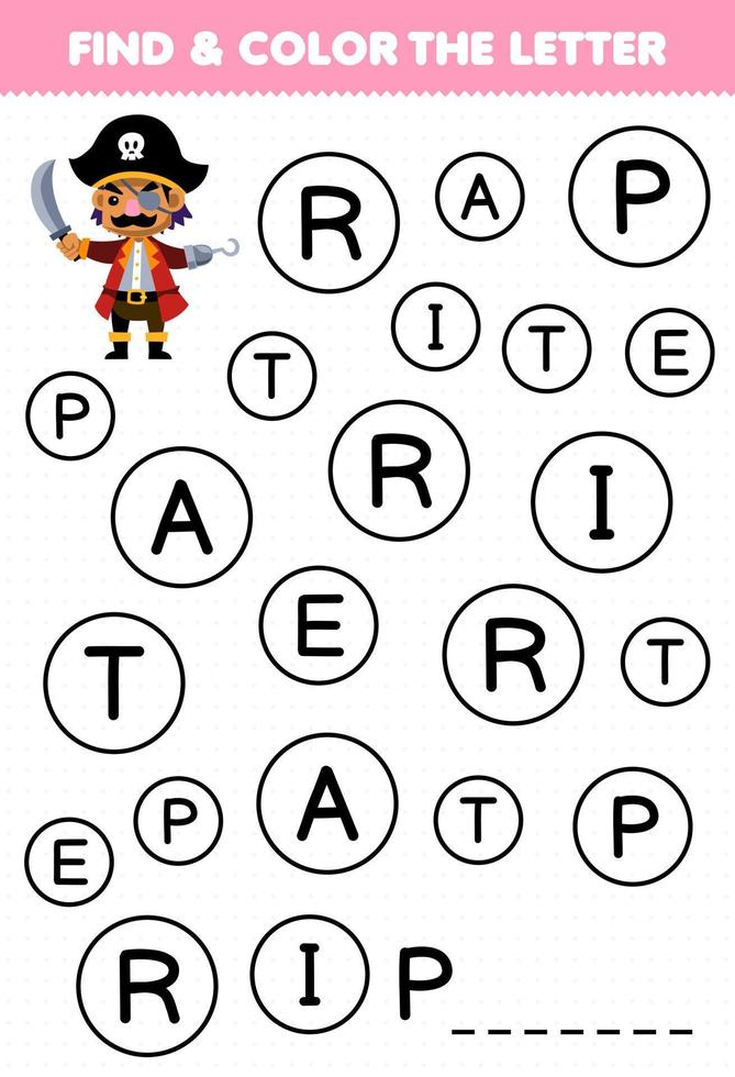 Education game for children find and color letter P for pirate character printable pirate worksheet vector