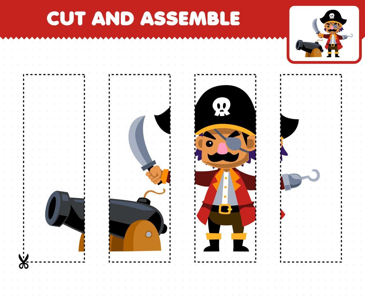 Education game for children cutting practice and assemble puzzle of cute cartoon captain character and cannon printable pirate worksheet vector