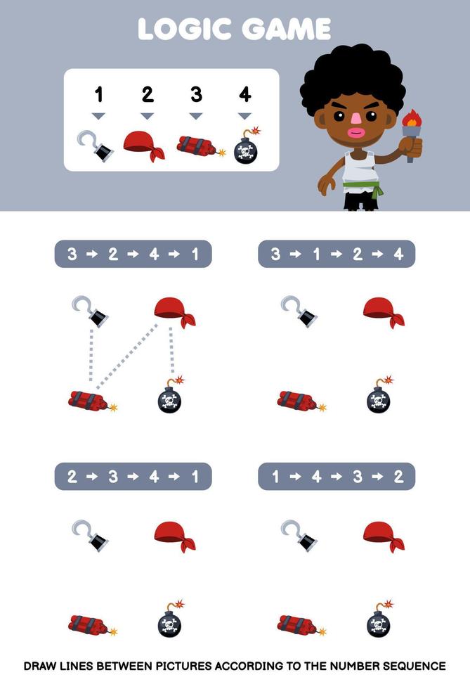 Education game for children draw lines according to the number sequences of cartoon hook bandana dynamite bomb picture printable pirate worksheet vector