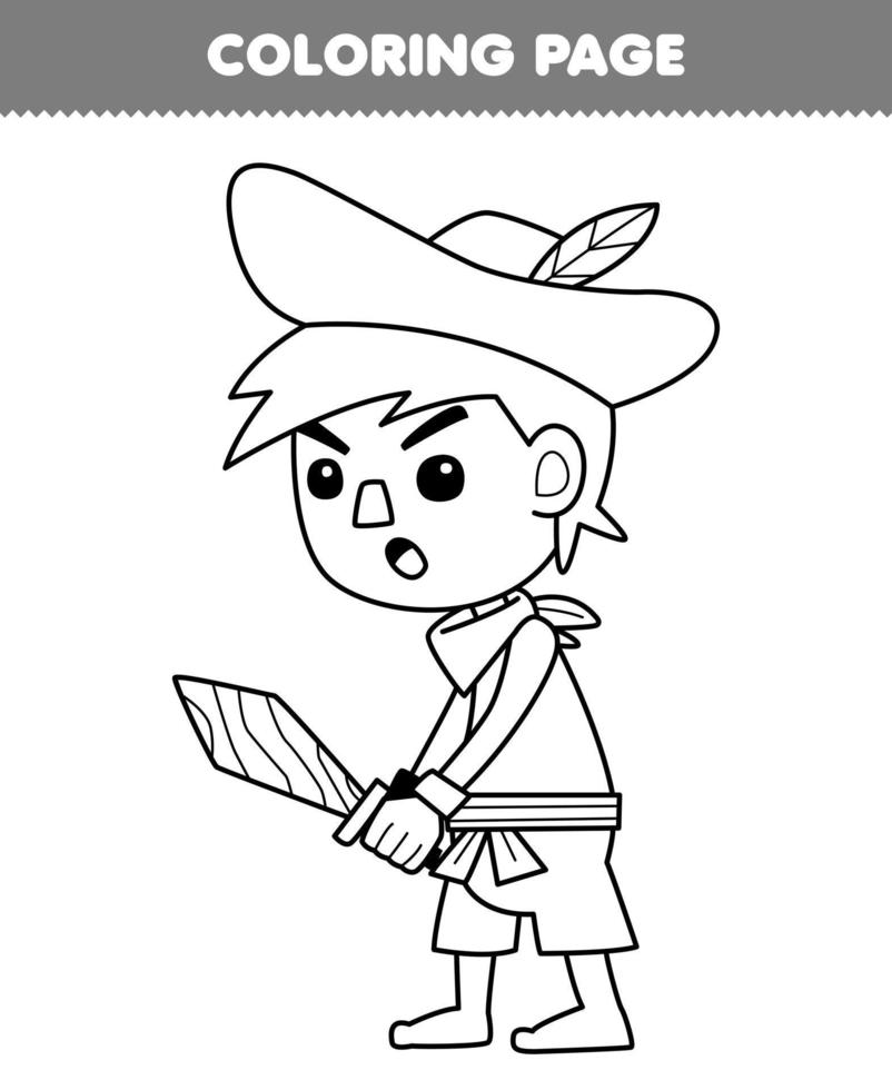 Education game for children coloring page of cute cartoon boy holding a wooden sword line art printable pirate worksheet vector