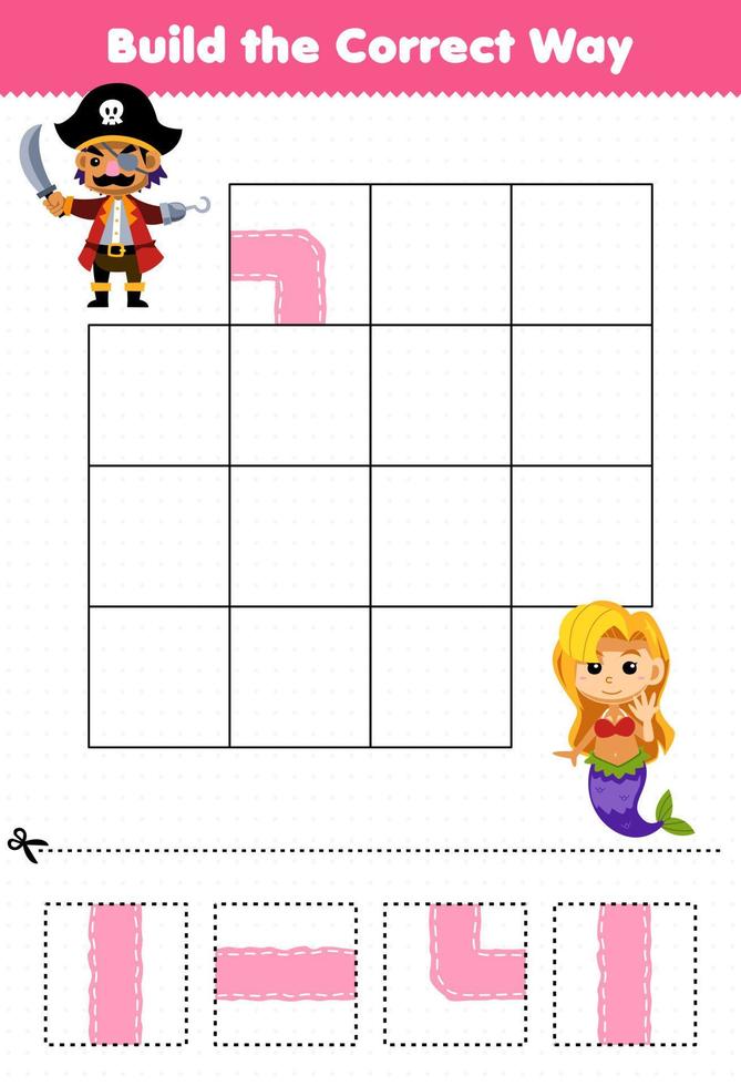 Education game for children build the correct way help cute cartoon pirate captain move to mermaid printable pirate worksheet vector