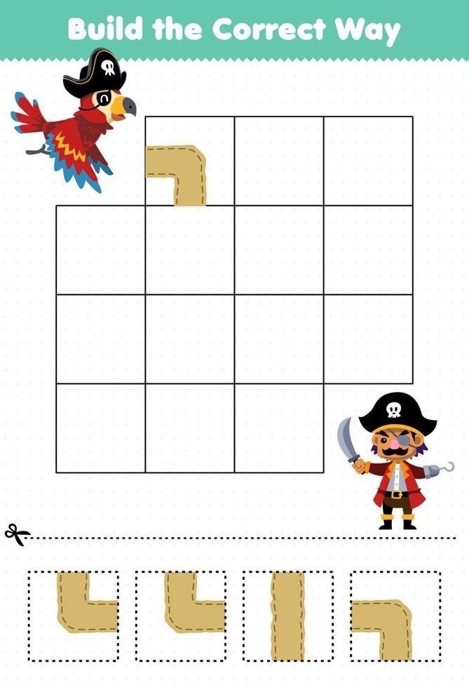 Education game for children build the correct way help cute cartoon parrot move to captain character printable pirate worksheet vector
