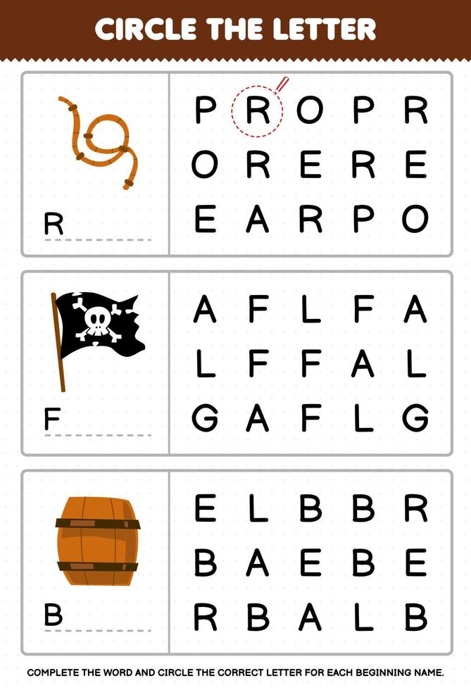 Education game for children circle the beginning letter from cute cartoon rope flag and barrel printable pirate worksheet vector