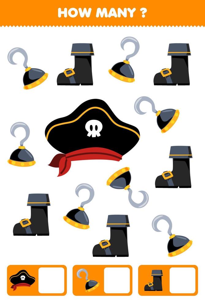 Education game for children searching and counting how many objects of cute cartoon hat hook and boot printable pirate worksheet vector