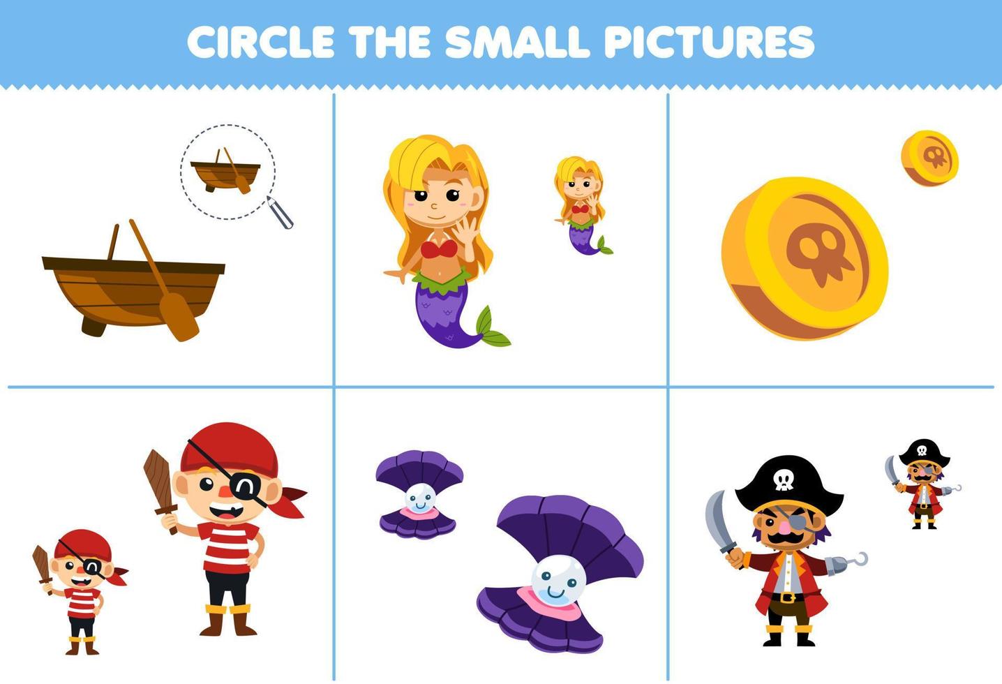 Education game for children circle the small picture of cute cartoon boat coin shell man and mermaid printable pirate worksheet vector