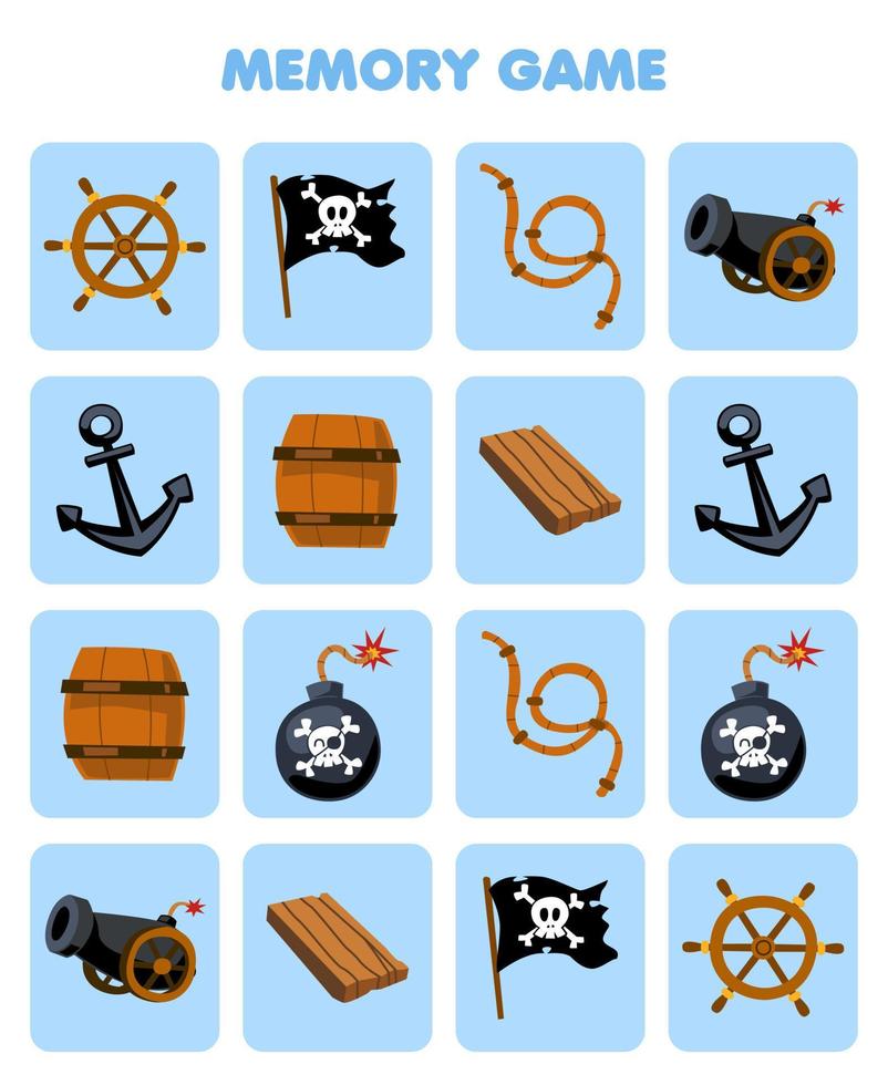 Education game for children memory to find similar pictures of cute cartoon wheel flag rope cannon anchor wooden barrel bomb printable pirate worksheet vector