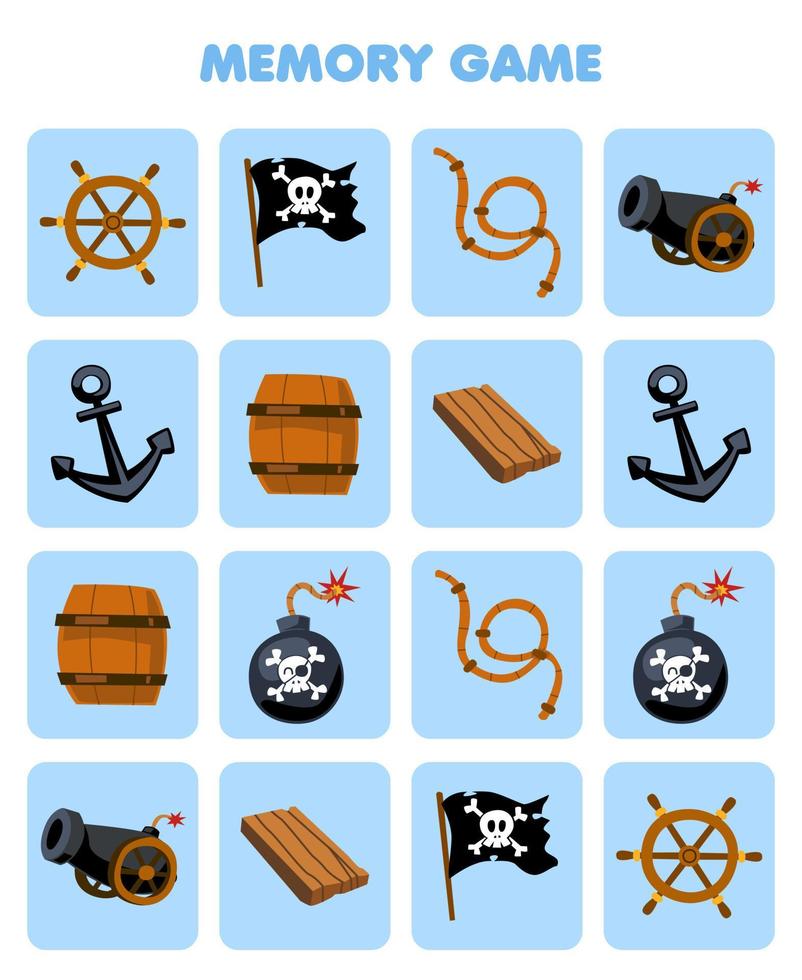 educación juego para niños memoria a encontrar similar imágenes de linda dibujos animados rueda bandera cuerda cañón ancla de madera barril bomba imprimible pirata hoja de cálculo vector