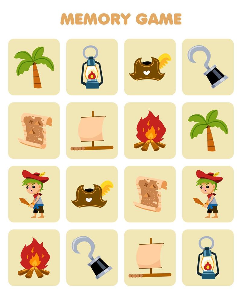 Education game for children memory to find similar pictures of cute cartoon tree lantern hat raft treasure map bonfire printable pirate worksheet vector