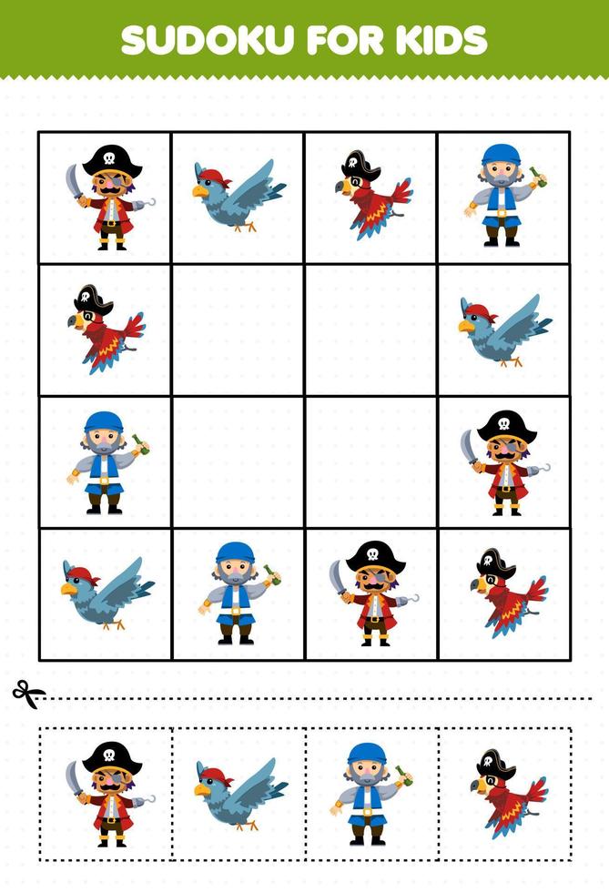 Education game for children sudoku for kids with cute cartoon man and bird character printable pirate worksheet vector