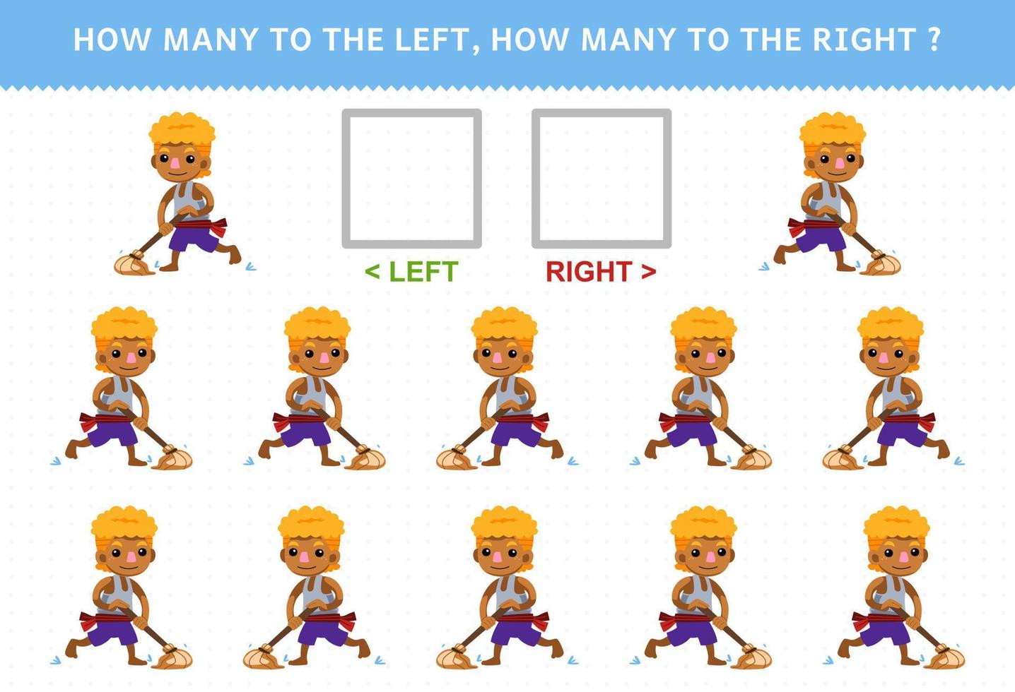 Education game for children of counting left and right picture of cute cartoon mopping boy printable pirate worksheet vector