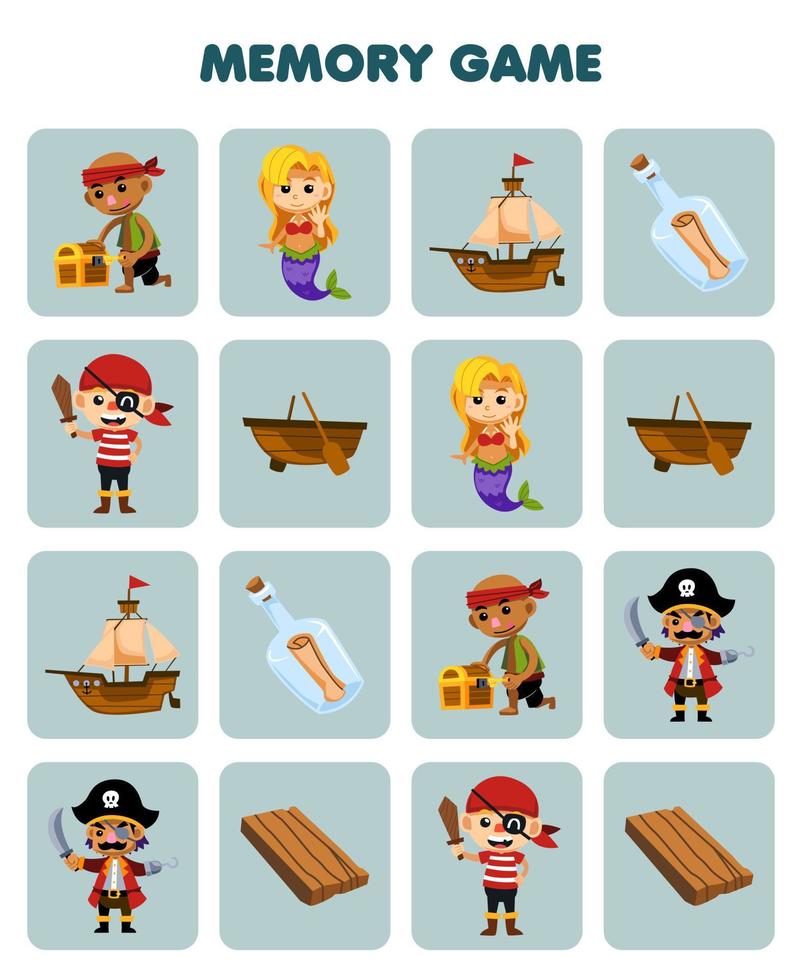 Education game for children memory to find similar pictures of cute cartoon mermaid wooden ship boat bottle printable pirate worksheet vector