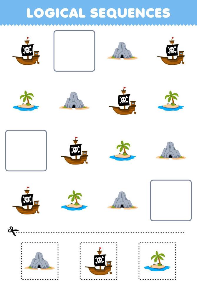 educación juego para niños lógico secuencias para niños con linda dibujos animados cueva Embarcacion y isla imprimible pirata hoja de cálculo vector