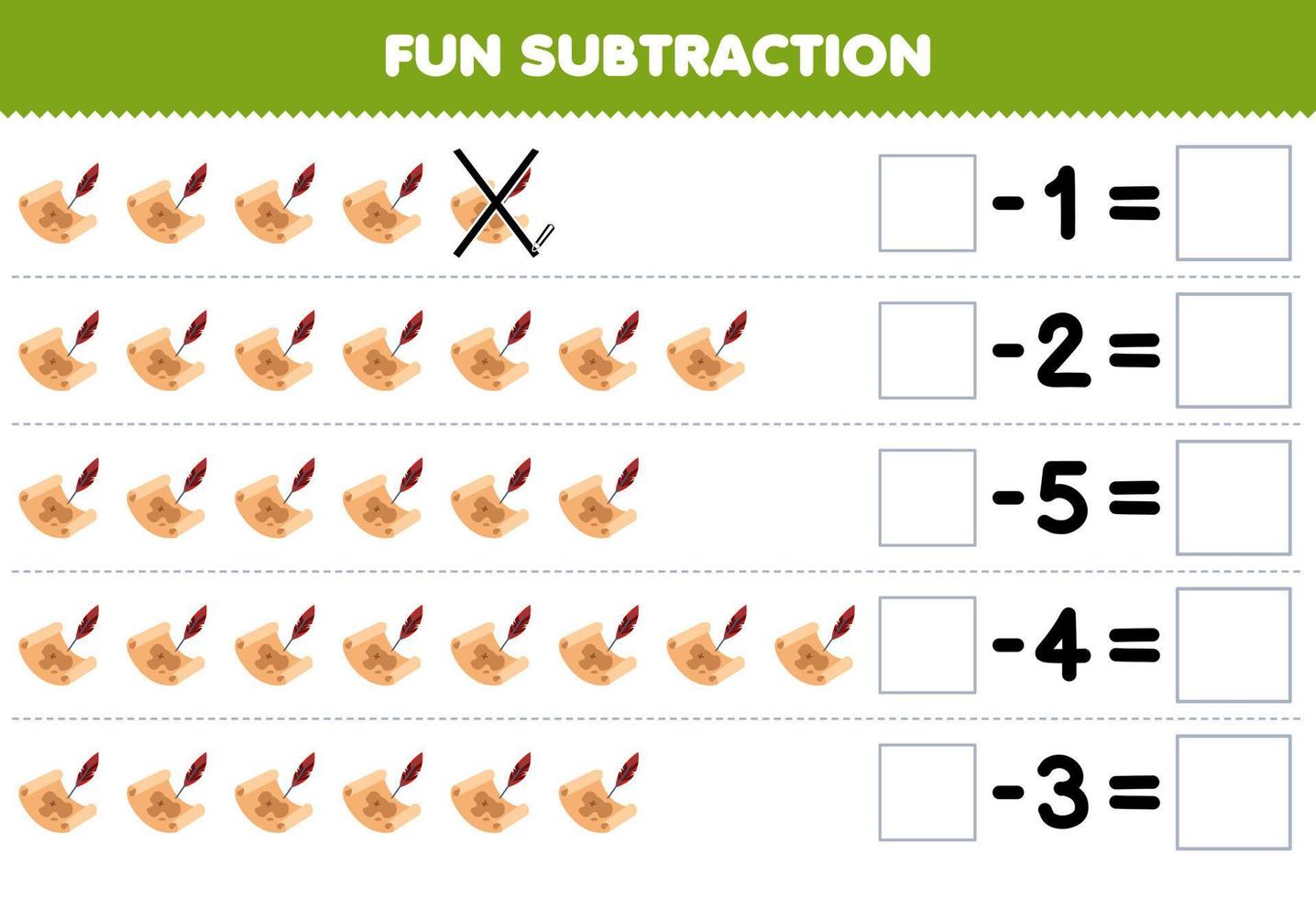 Education game for children fun subtraction by counting cute cartoon treasure map in each row and eliminating it printable pirate worksheet vector