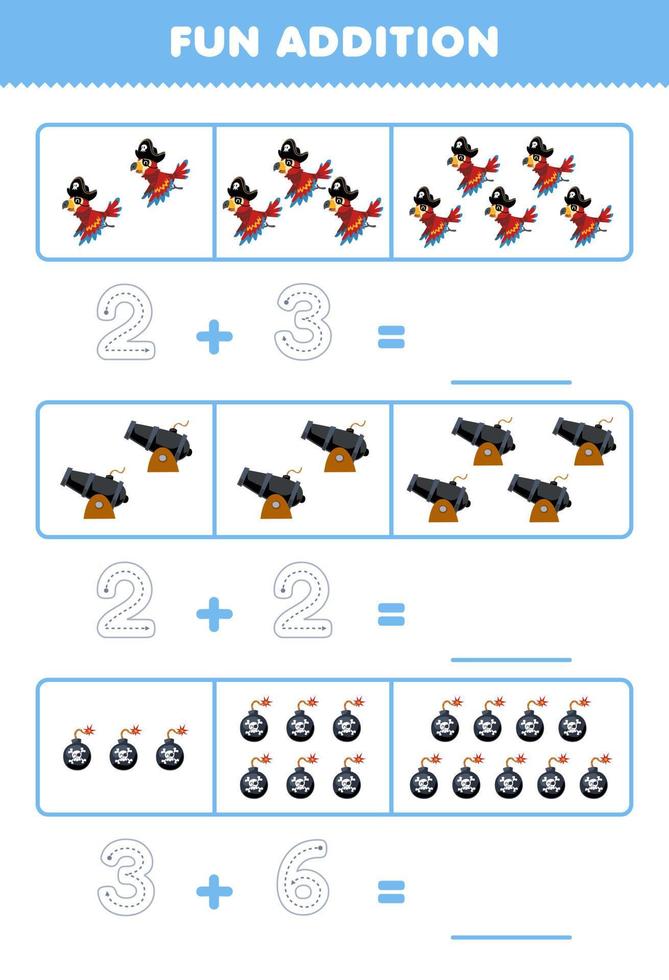 Education game for children fun addition by counting and tracing the number of cute cartoon parrot cannon and bomb printable pirate worksheet vector