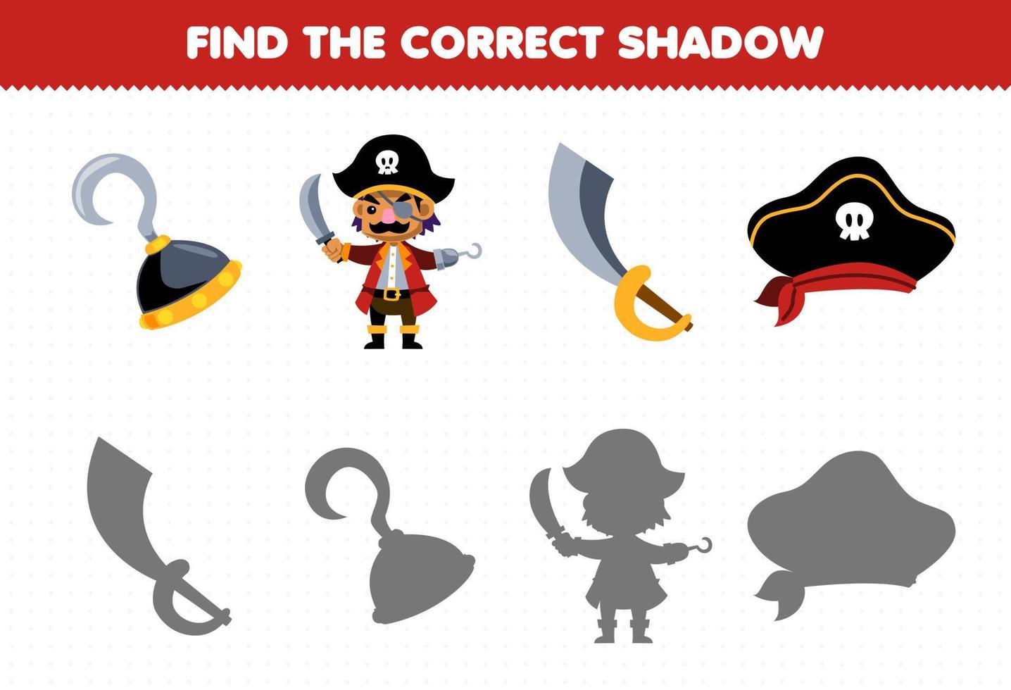 Education game for children find the correct shadow set of cute cartoon hook pirate sword and hat printable pirate worksheet vector