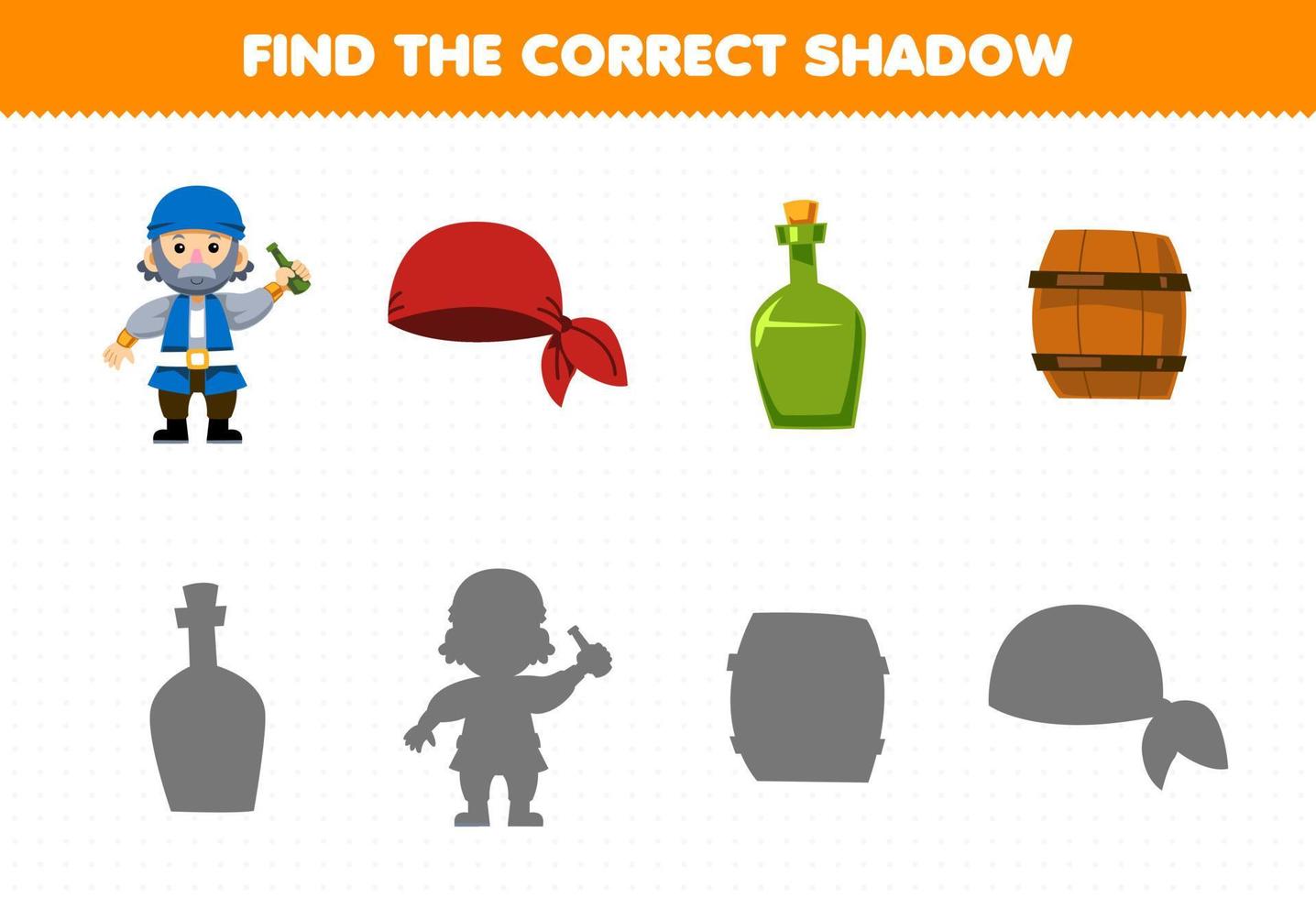 Education game for children find the correct shadow set of cute cartoon old man bandana bottle and barrel printable pirate worksheet vector