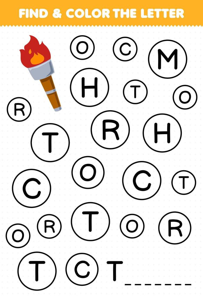 Education game for children find and color letter T for torch printable pirate worksheet vector