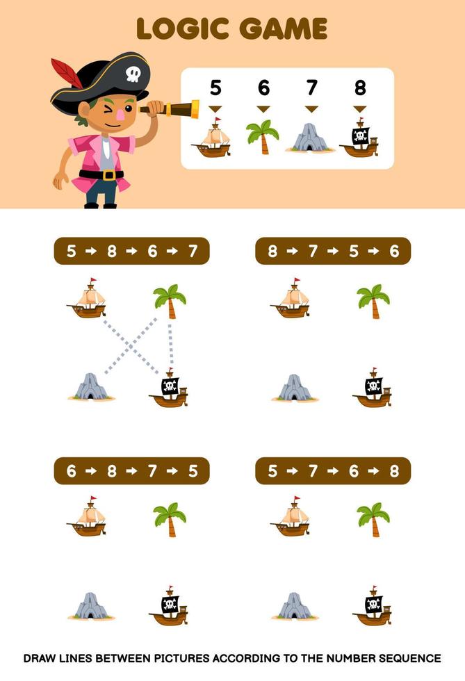 Education game for children draw lines according to the number sequences of cartoon ship tree cave picture printable pirate worksheet vector
