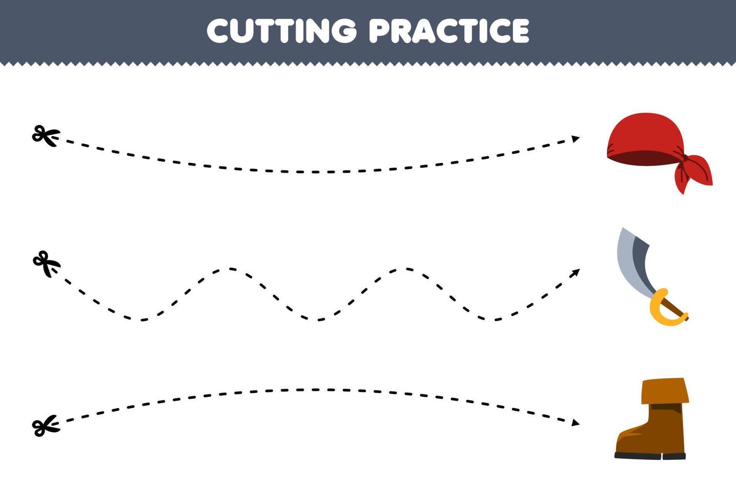 Education game for children cutting practice with cute cartoon bandana sword and boot picture printable pirate worksheet vector