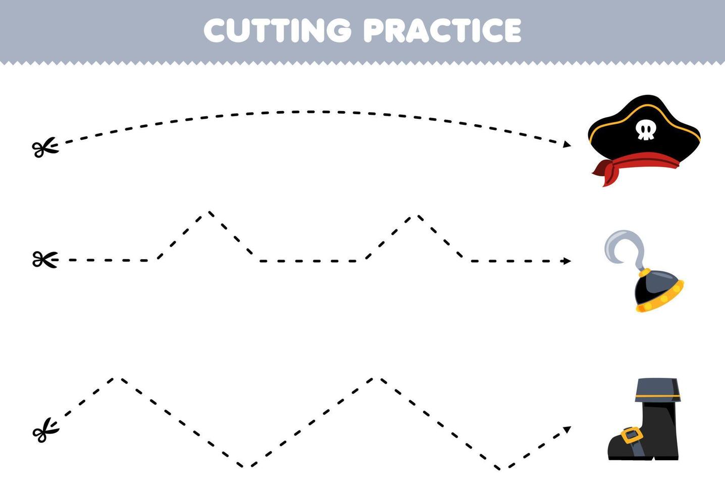 Education game for children cutting practice with cute cartoon hat hook and boot picture printable pirate worksheet vector