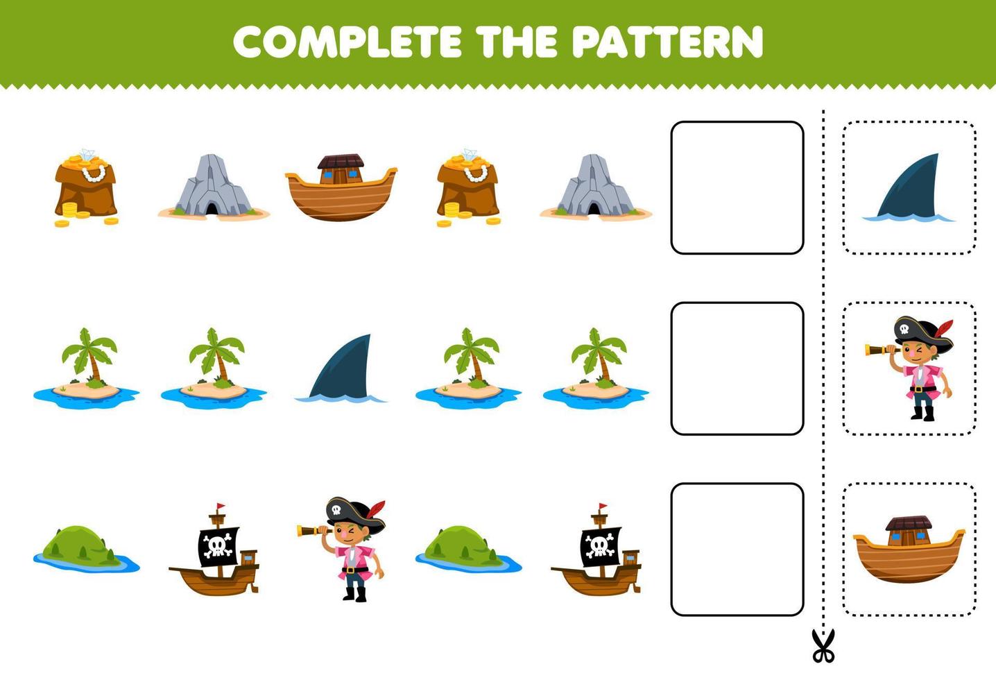 educación juego para niños completar el modelo de linda dibujos animados tesoro cueva Embarcacion isla imprimible pirata hoja de cálculo vector