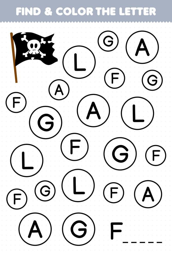 Education game for children find and color letter F for flag printable pirate worksheet vector