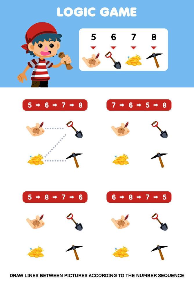 Education game for children draw lines according to the number sequences of cartoon treasure map shovel gold and pickaxe picture printable pirate worksheet vector