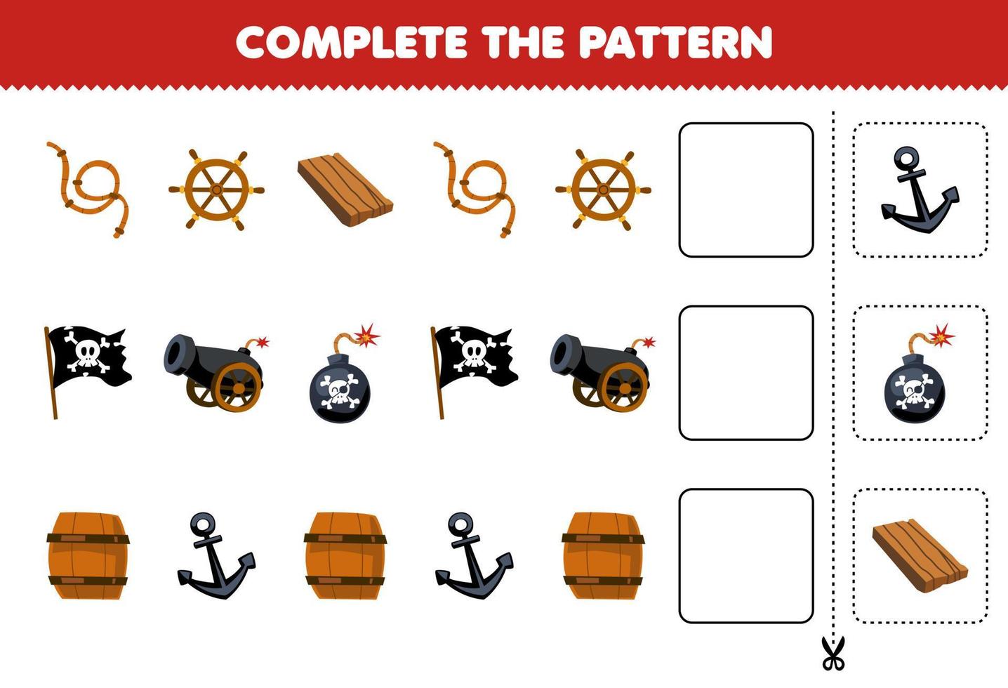 educación juego para niños completar el modelo de linda dibujos animados cuerda rueda de madera barril bandera cañón bomba imprimible pirata hoja de cálculo vector