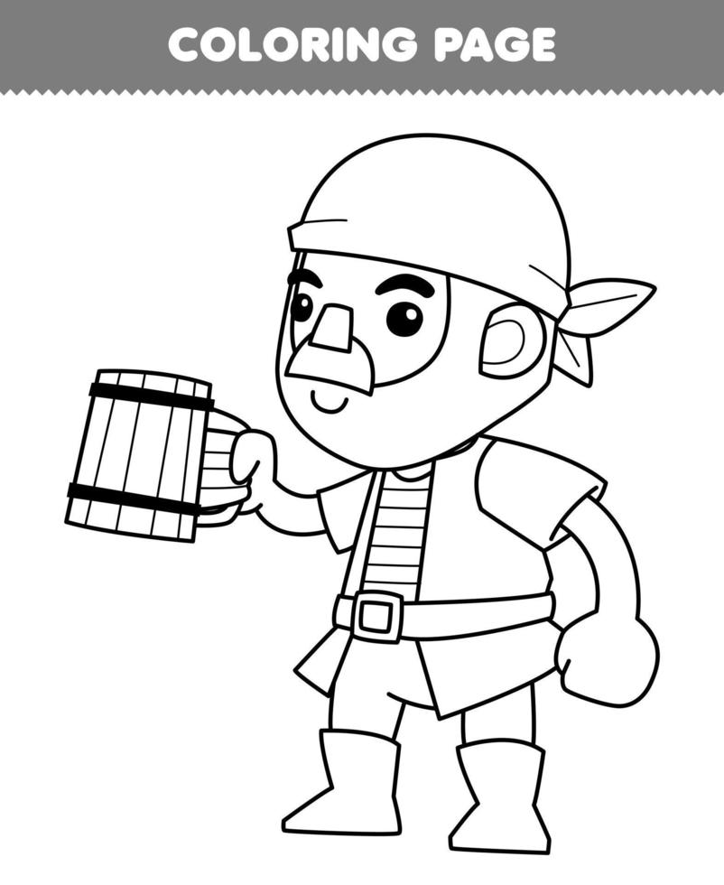 Education game for children coloring page of cute cartoon man holding mug line art printable pirate worksheet vector