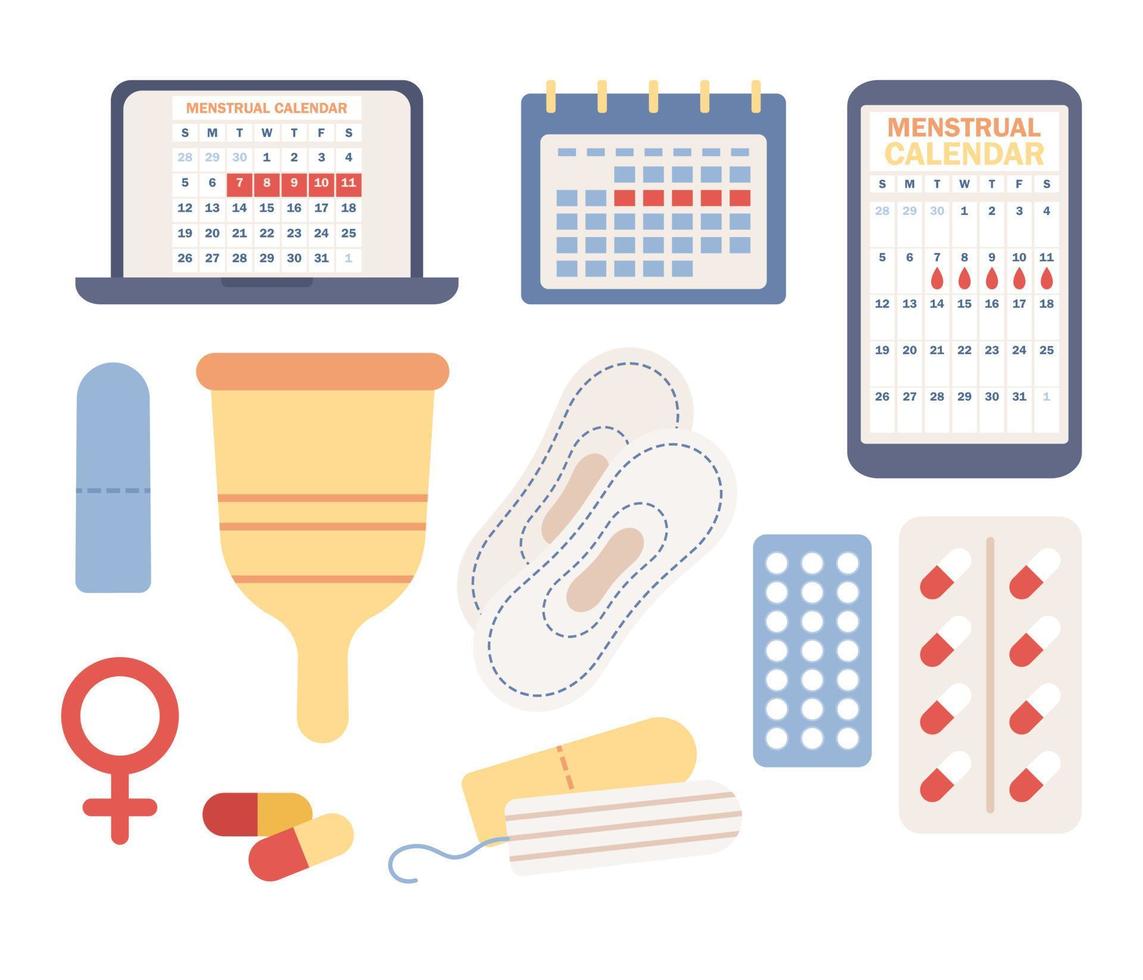 Menstruation icon set. Menstrual cycle. Female period. Various feminine hygiene products. Sanitary pad, tampon, reusable cup, pills, calendar. Vector flat illustration