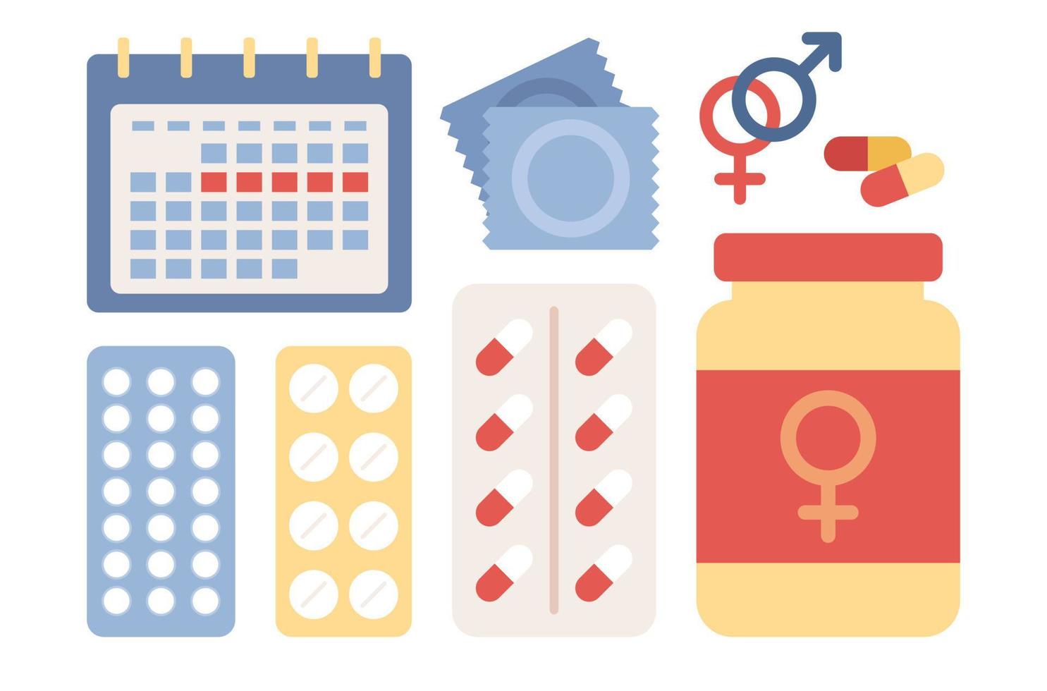 Contraception icon set. Calendar, condom and contraceptive pills. Safe sexual behavior, birth fertility control. Contraceptive methods in sexual and reproductive health. Vector flat illustration