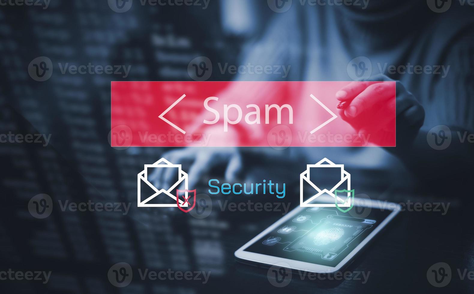 Email concept with laptop spam and virus computer monitor internet security concept, businessman reading electronic mail with a laptop. Spam, junk and e-marketing on screen, Spam Email Pop-up Warning. photo