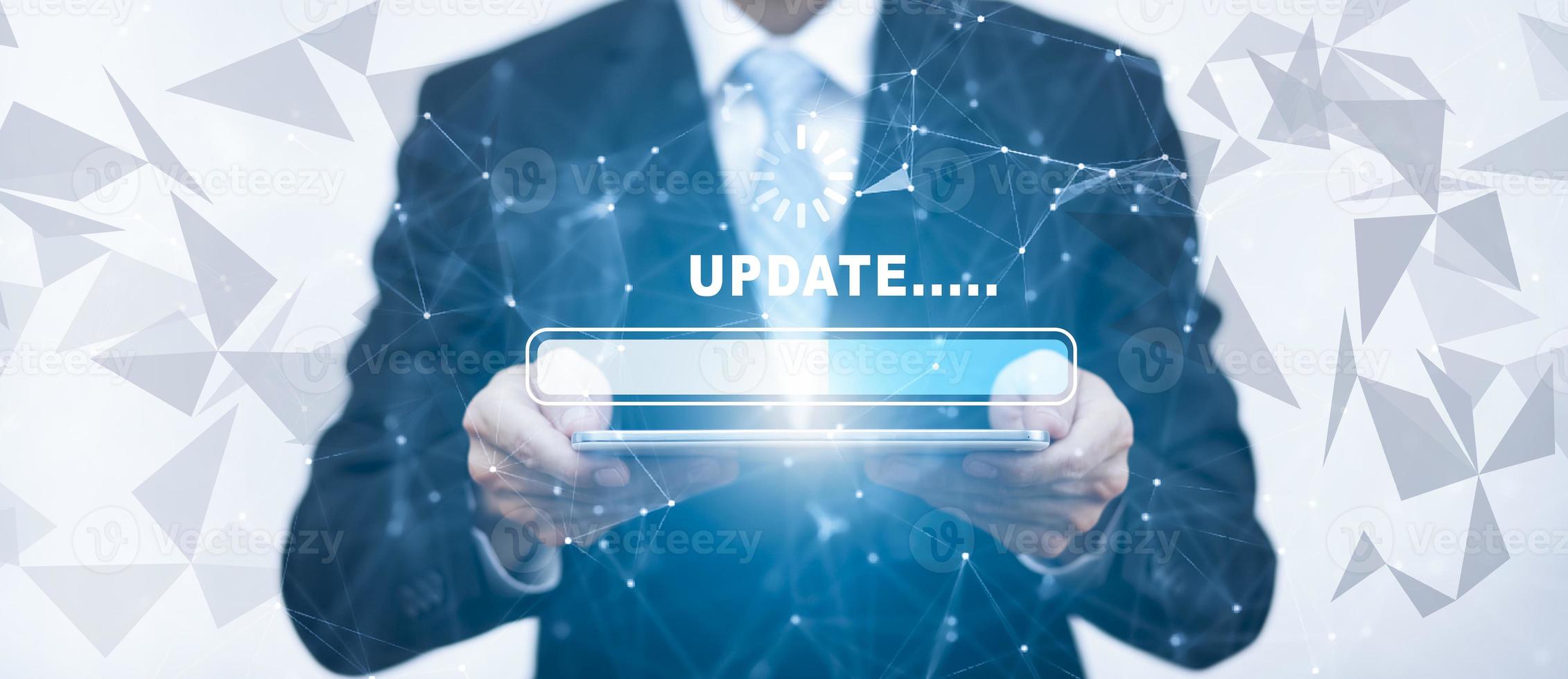 Man hold laptop and Update Software Computer Program Upgrade Business Technology Internet, Update on virtual screen. Internet and technology concept, loading bar with installing the update. photo