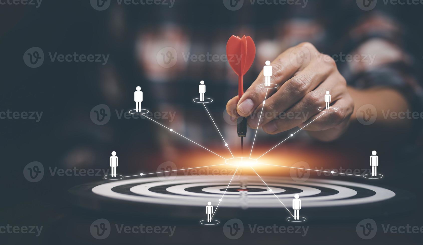 Targeting the business concept, Businessman touch red arrow dart to the virtual target dartboard, Executive marketing, investment goal and target for business investment concept, mini home. photo