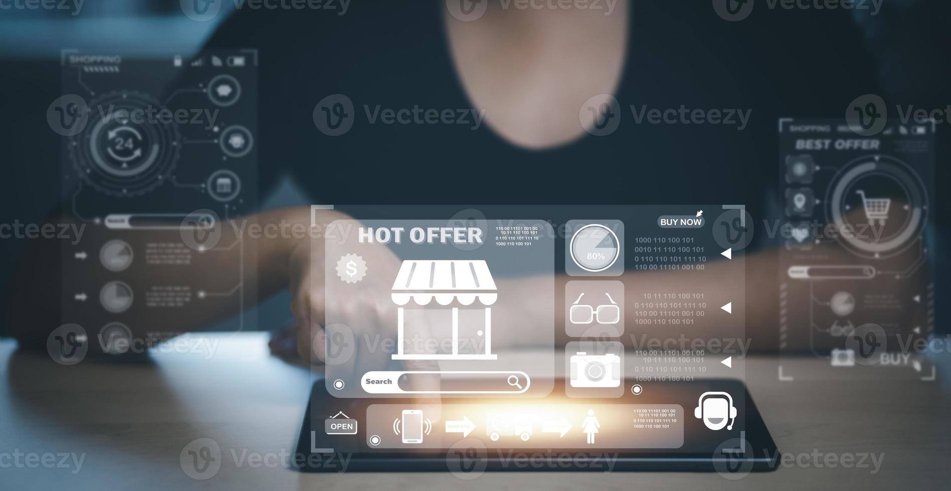 Woman hand typing on keyboard with online shopping concept, Shopping cart part of the network in hand, Innovation in e-Commerce, Online shopping business with selecting shopping cart. photo