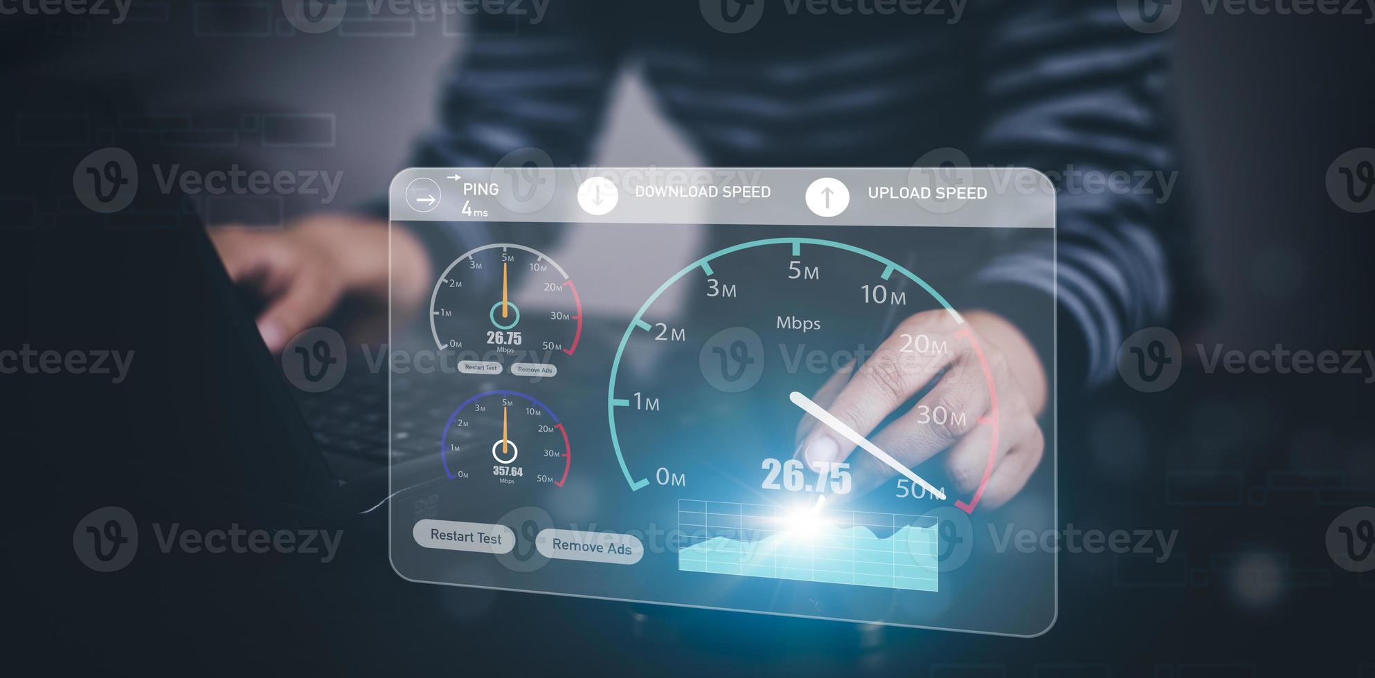 Fast internet connection with Metaverse technology concept, Hand holding smartphone and Virtual screen of Internet speed measurement,Internet and technology concept, 5G Hi speed internet concept photo