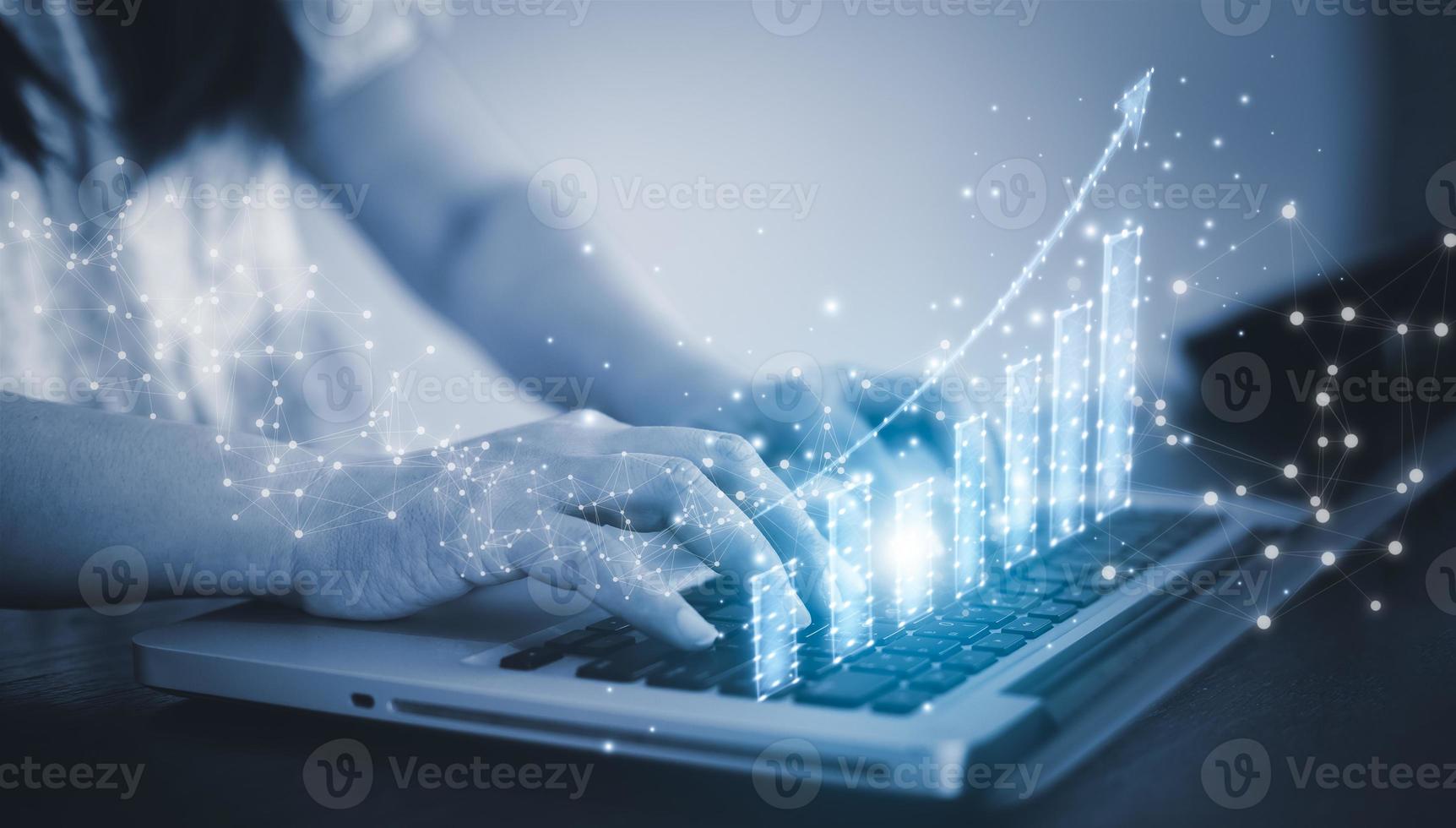 planning and strategy, Stock market, Business growth, progress or success concept. man with trader is showing a growing virtual hologram stock, invest in trading, analytics and financial concept photo
