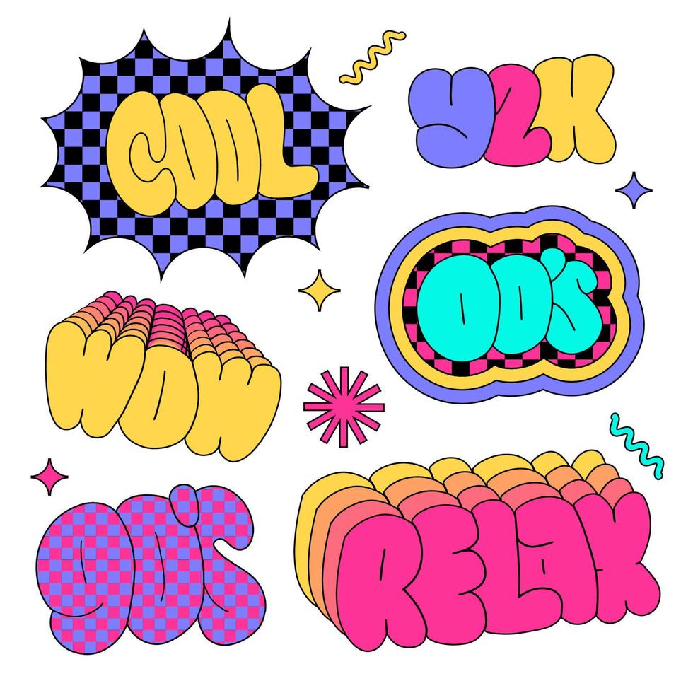 Popular 90s words retro lettering sticker set in vivid intage vibe style. Hand drawn typography vector illustrations - cool, y2k, wow, 00 s, relax