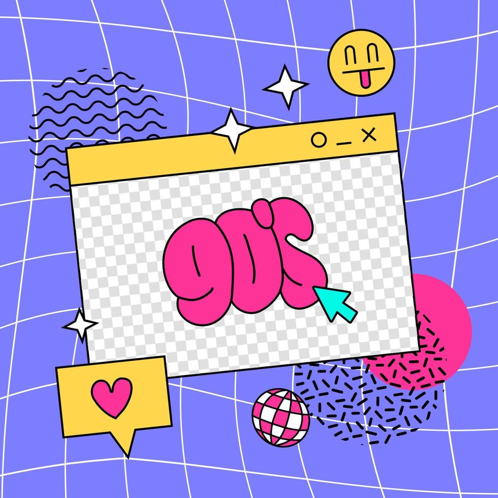 Retro square banner or card with old computer aesthetic frames for quotes, text. Vintage 70s, 80s, 90s Vibes Art. Trendy Colorful bright background with smile, geometric shapes, heart. Linear Vector